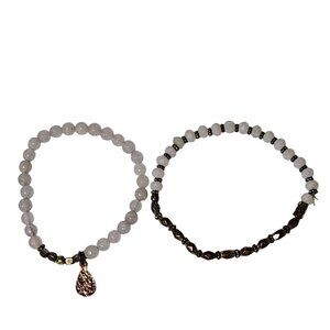 Elegant White Bronze Beaded Bracelets Set Of 2 Classic Minimalist Jewelry Women
